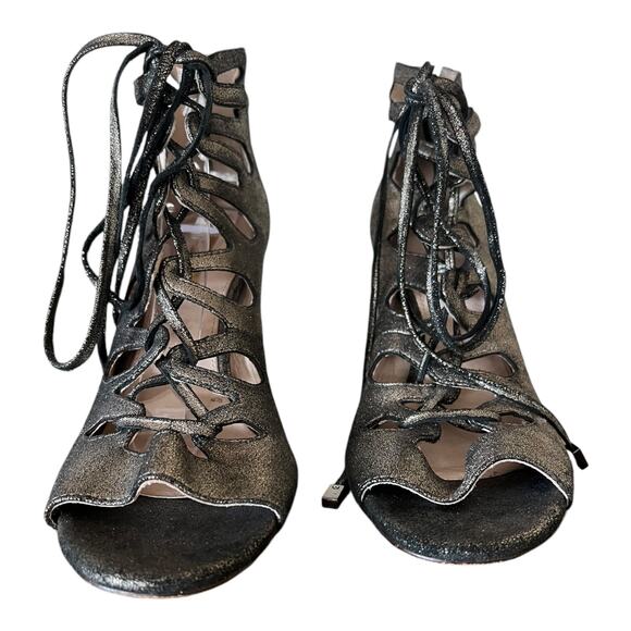 LOUISE ET CIE Caged Sandals Lo-Kacy Leather Silver Metallic Lace Up Zip 7.5 EUC - Picture 11 of 11